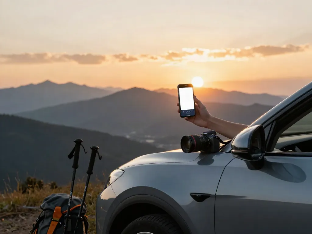 Gaya hidup otomotif dengan bukumimpi138 di smartphone dan pemandangan indah.