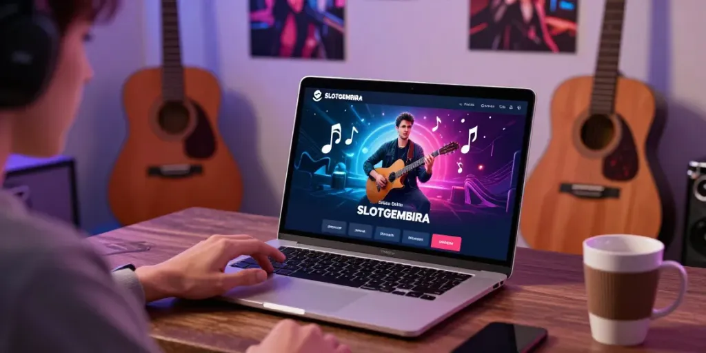 SLOTGEMBIRA gaming experience with acoustic guitar in a cozy digital environment.