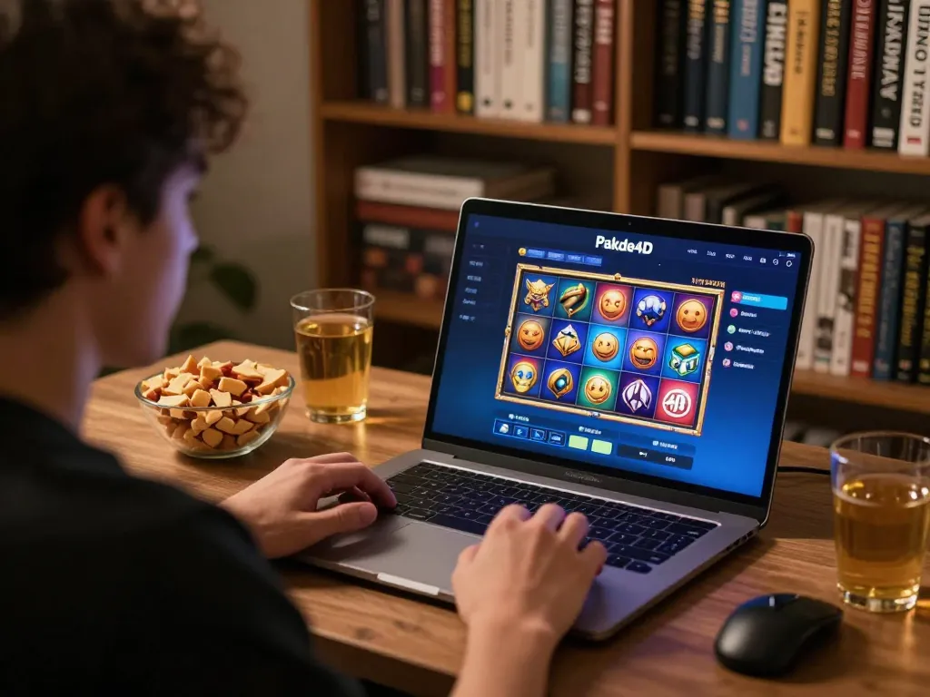Player spinning to win on Pakde4D's online casino, vibrant gaming setup