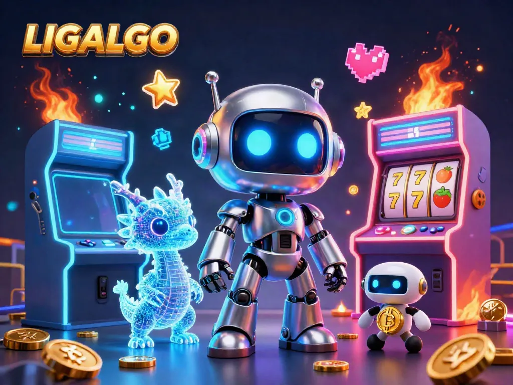 LIGALGO's vibrant casino scene featuring a cyberpunk robot and holographic companions amidst colorful gaming elements.