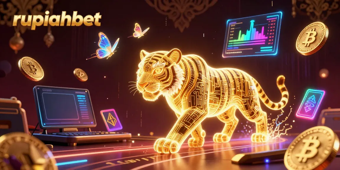 Experience the thrill of rupiahbet with a stunning neon tiger and cryptocurrency elements in a vibrant digital casino.