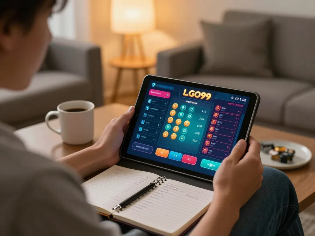 Pengguna LGO99 menganalisis strategi taruhan dengan tablet di pengaturan rumah yang nyaman, mempromosikan permainan yang bertanggung jawab.