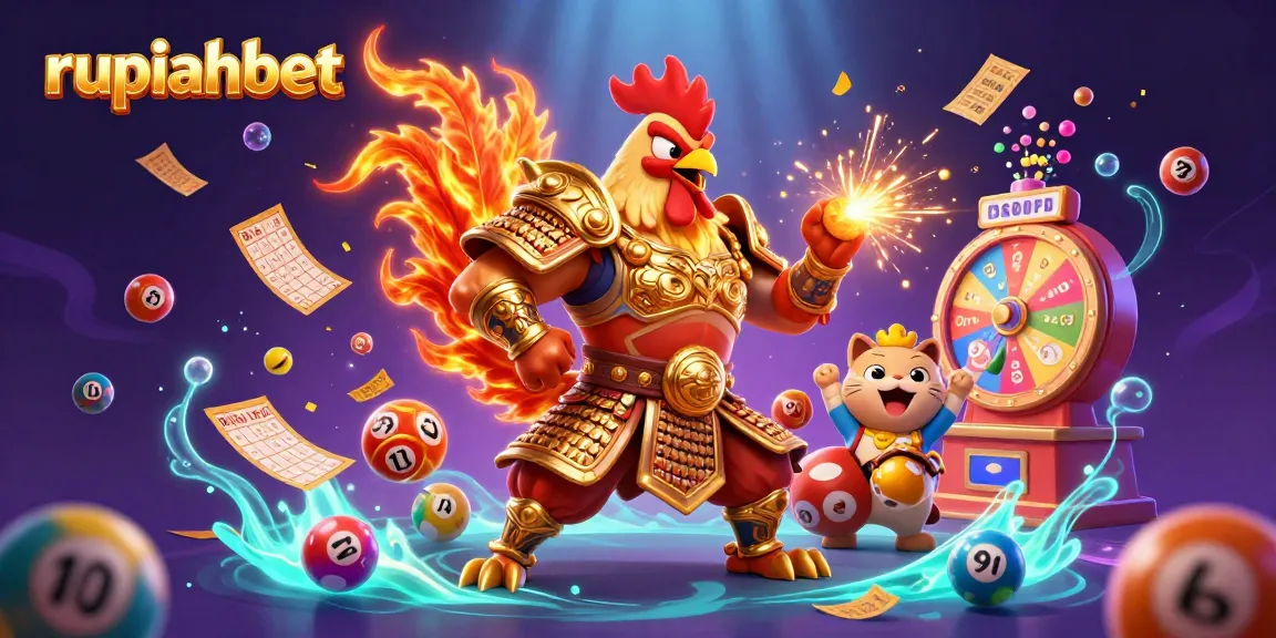 Experience the thrilling rupiahbet adventure with a vibrant 3D scene featuring a rooster warrior and dragon, surrounded by dynamic lottery elements.