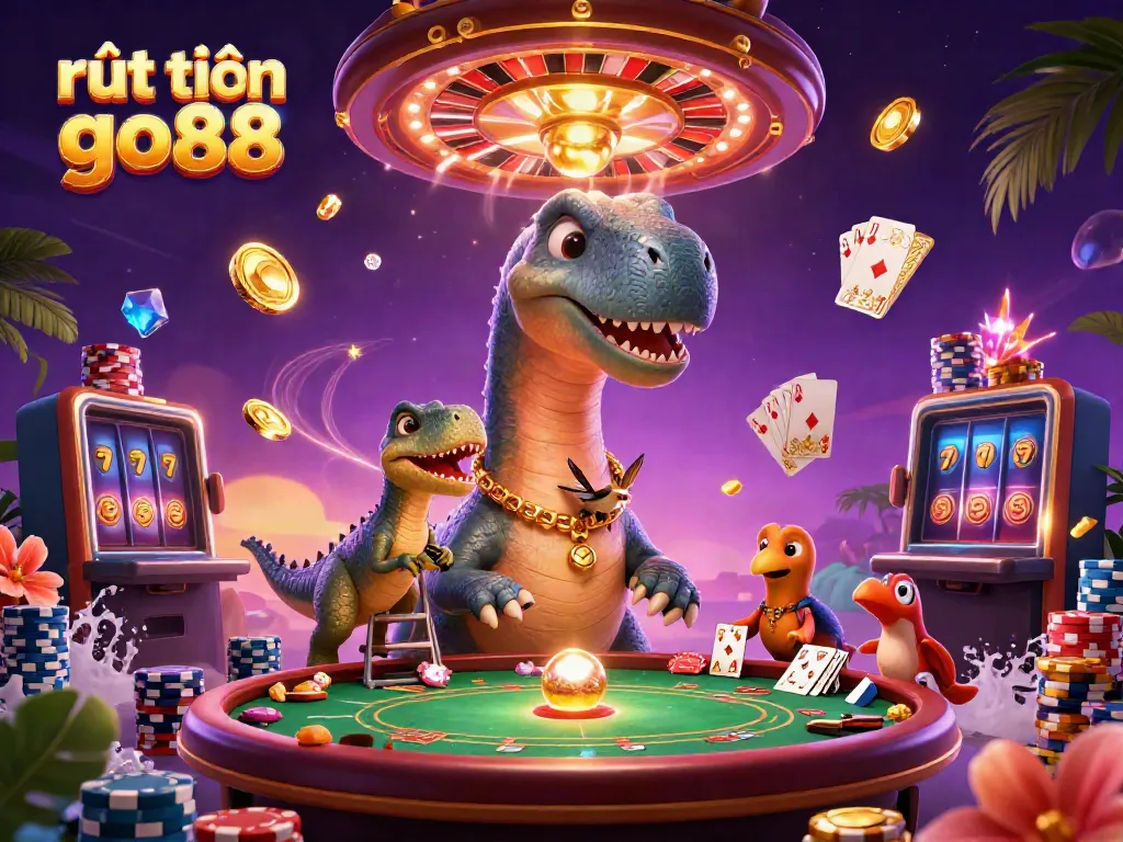 Experience rút tiền go88 with a whimsical scene featuring a brontosaurus and a raptor in a vibrant casino.