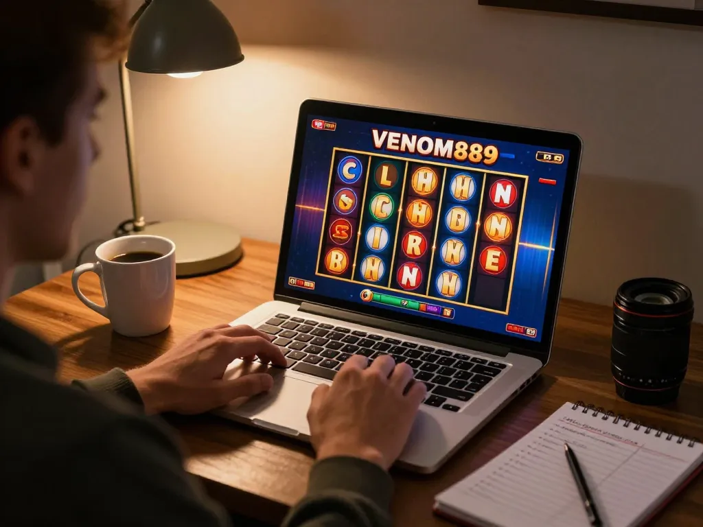 Engage in the exciting VENOM889 Slot gameplay on a laptop at home, showcasing betting strategies.