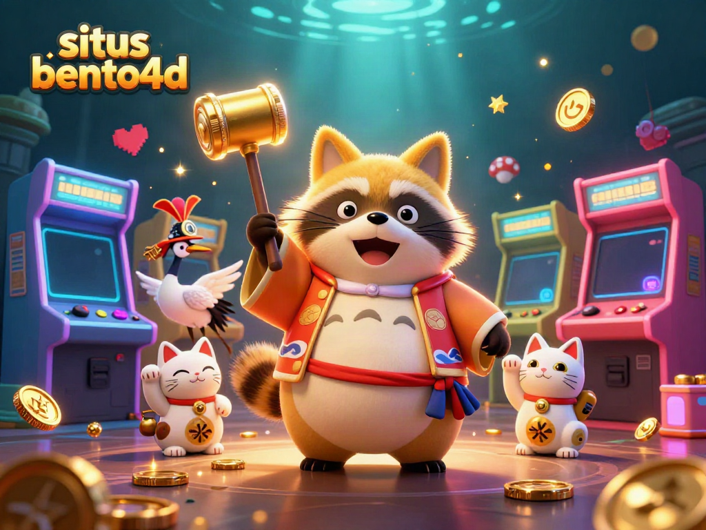 Join the fun at situs bento4d with a cheerful 3D tanuki surrounded by festive gaming elements.