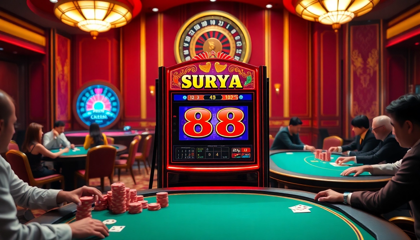 Mesin slot bertema SURYA 88 dalam adegan kasino yang penuh warna dengan meja poker dan pemain.