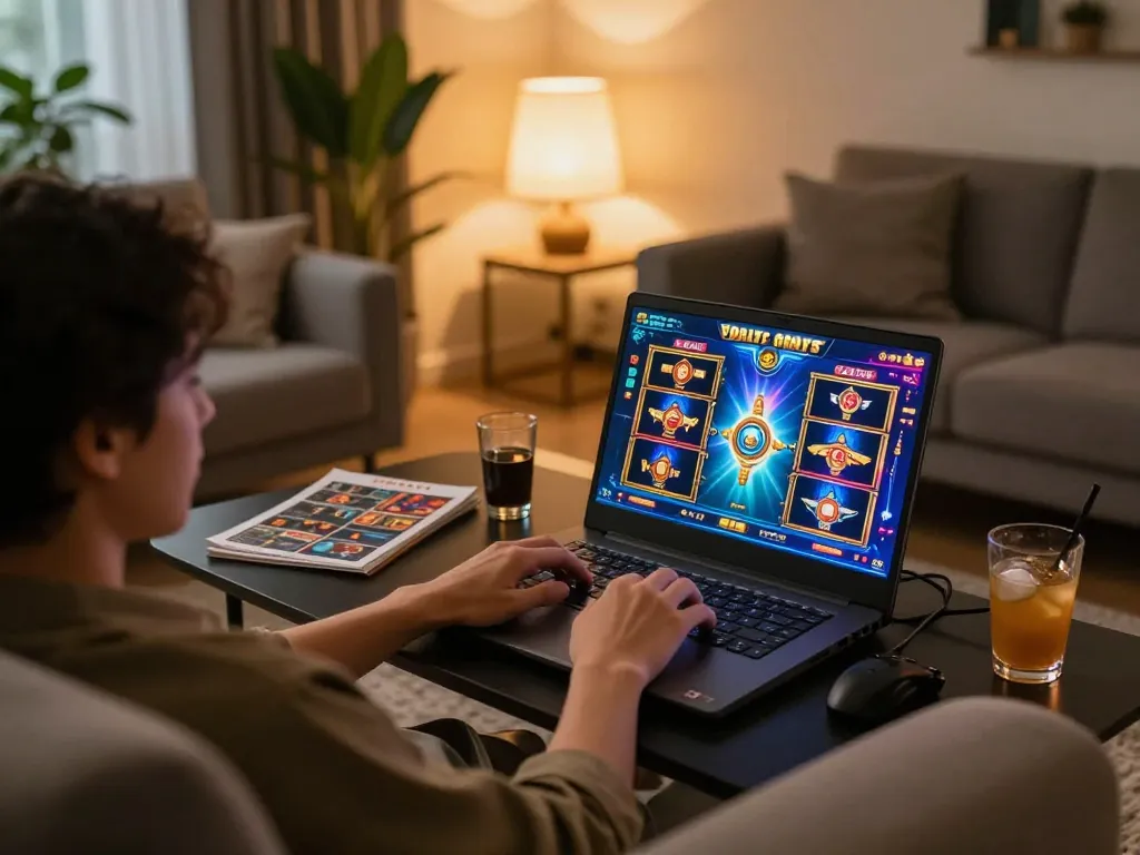 Engaging online slot gameplay on a laptop screen showcasing 122 game options in a cozy living room.