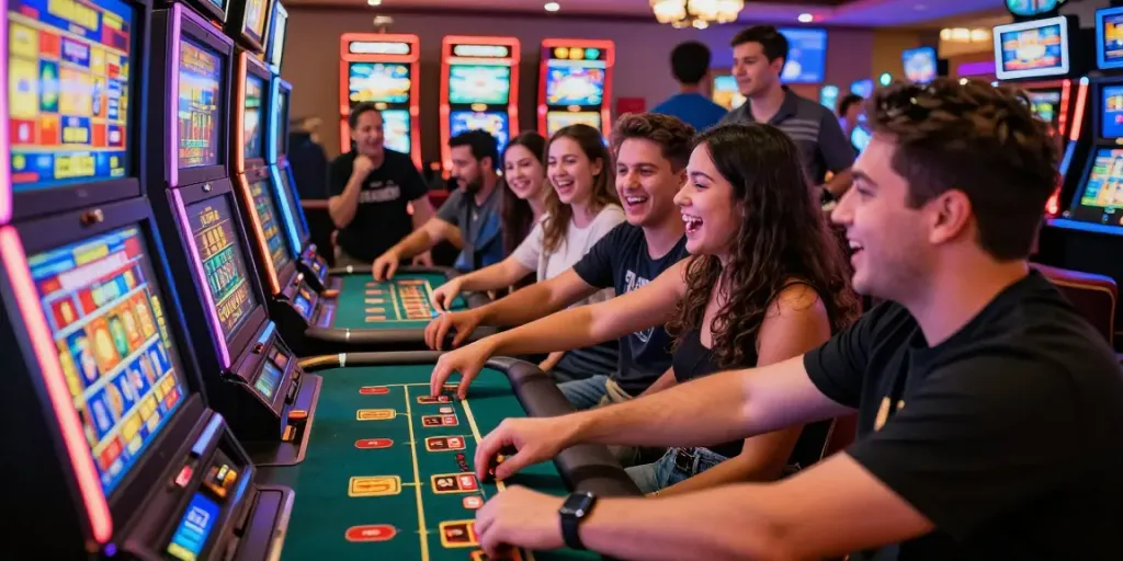 Pengunjung casino di kingliga merayakan kemenangan dengan mesin slot yang cerah.