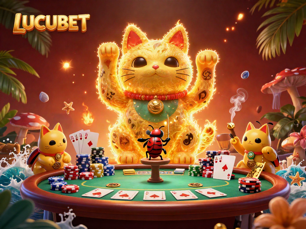 LUCUBET's dynamic lucky cat waves through vibrant casino symbols, capturing excitement and energy.