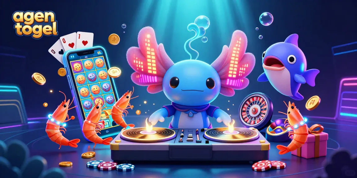 Mengelola permainan agen togel secara menarik dengan karakter ceria dalam suasana meriah dan elemen kasino yang mengundang.