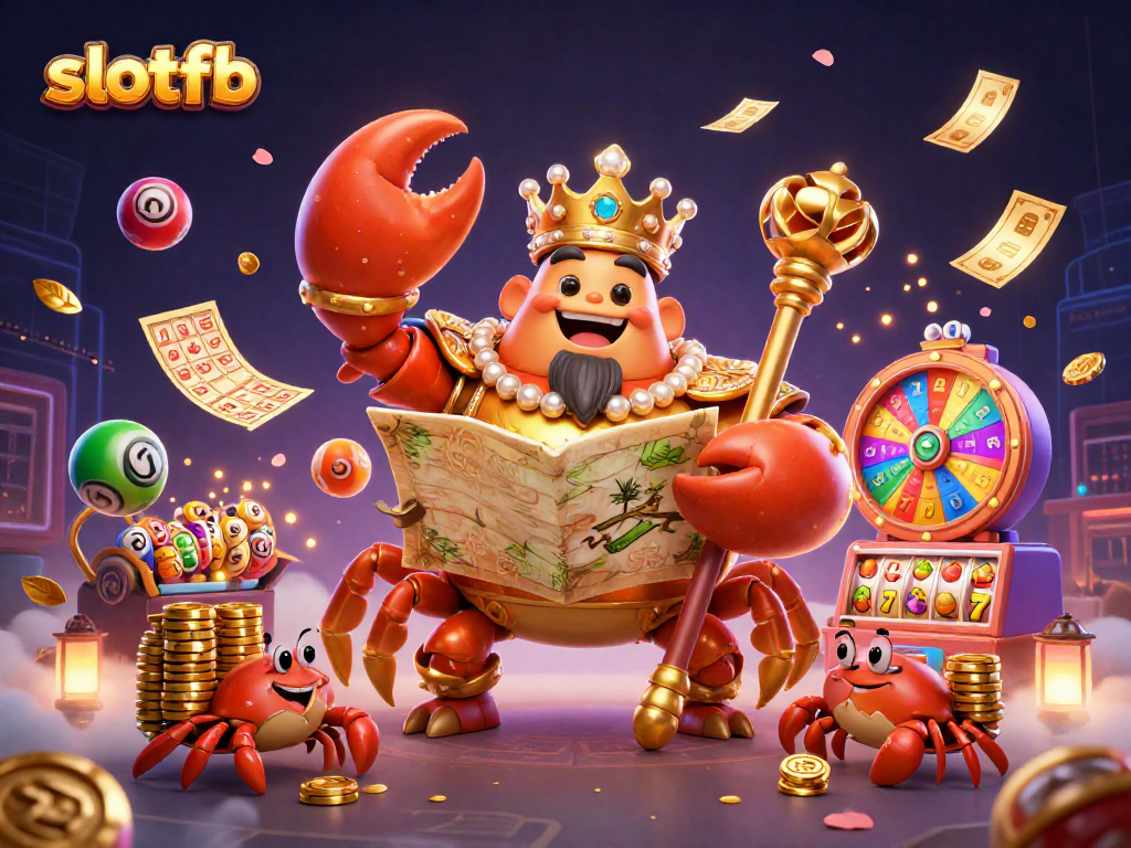 Engage in exciting slotfb gameplay with colorful lottery elements and a majestic golden crab emperor.