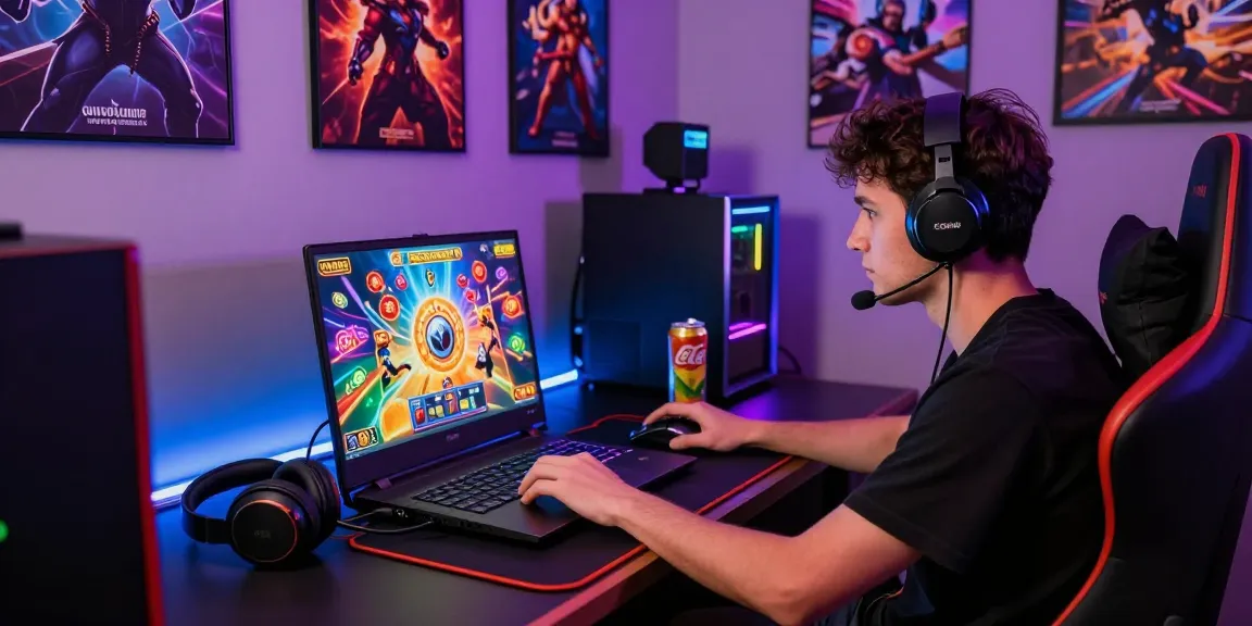 Player enjoying situs slot games on a modern gaming laptop with vibrant animations in a lively gaming room.