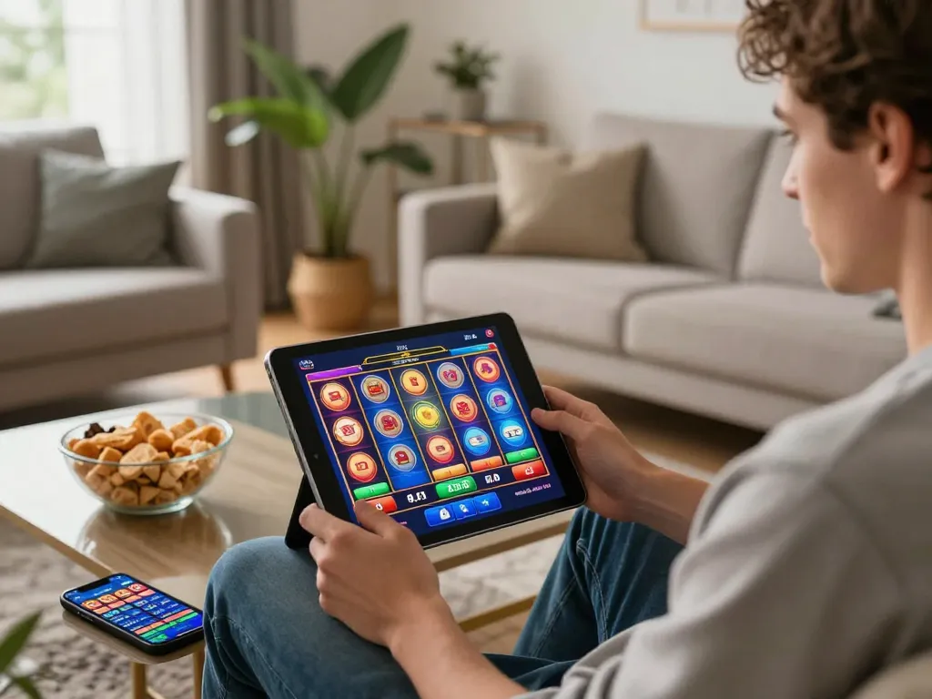 SIS4D player enjoying a vibrant slot gaming session on a tablet, immersed in a lively and stylish living room.
