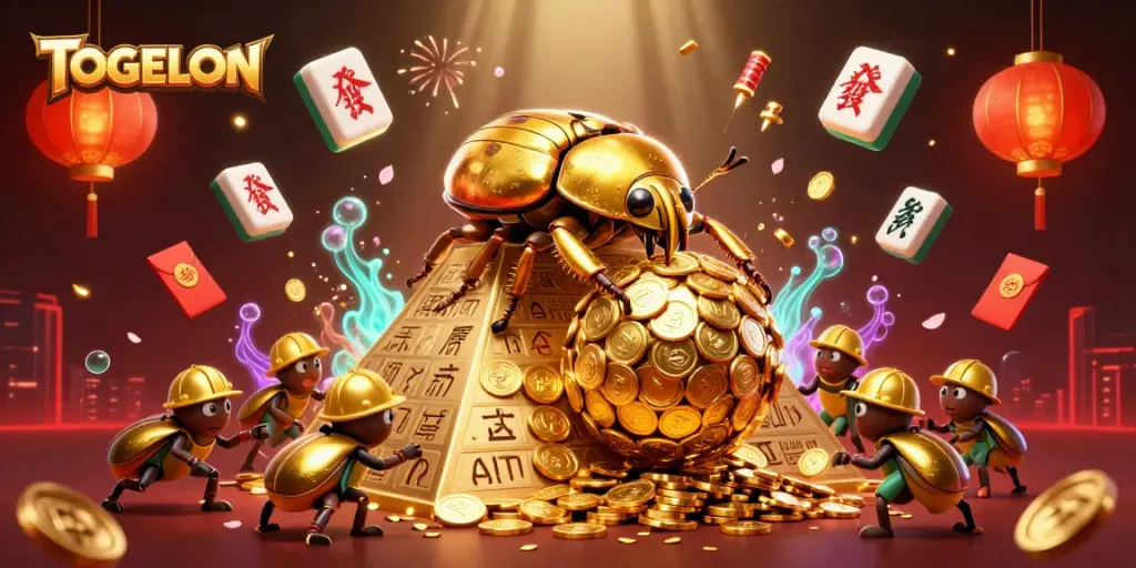 TOGELON showcases a golden dung beetle rolling coins in a vibrant casino atmosphere.