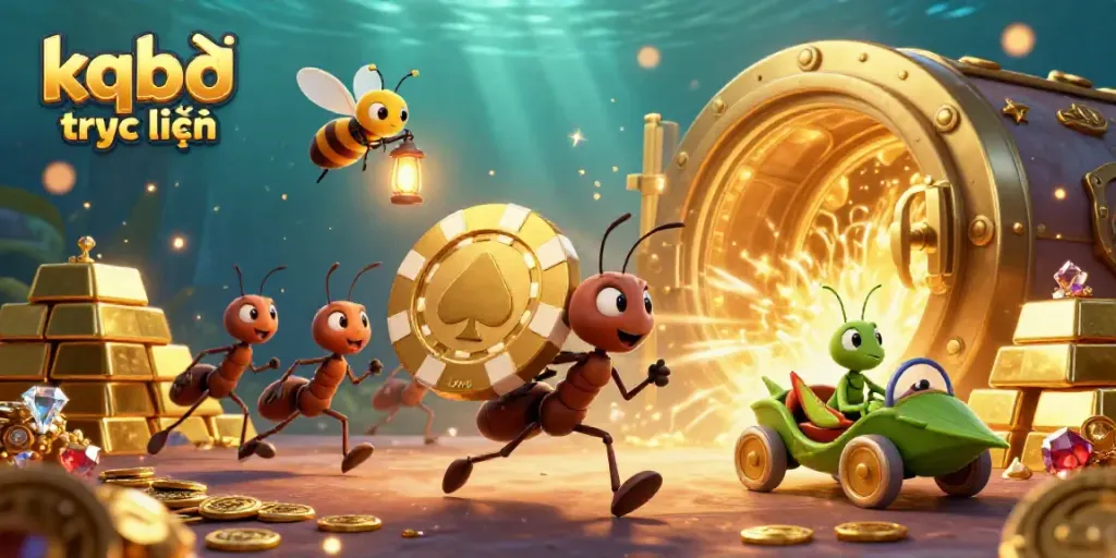 Experience kqbđ trực tuyến with a thrilling scene featuring ants on a heist, poker chip, and treasure vault.