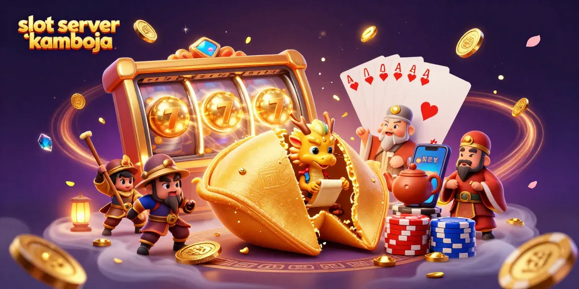 Merayakan kemenangan slot server Kamboja dengan kostum bertema kasino dan simbol keberuntungan.