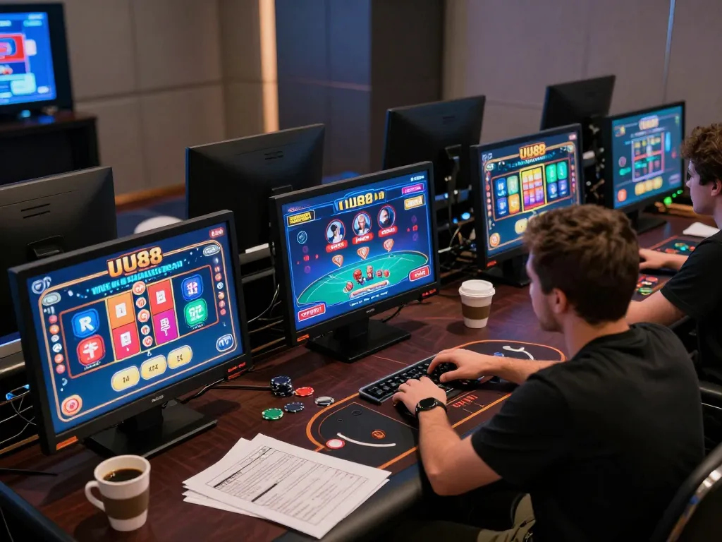 Engaging in multiple games at UU88, displaying poker strategy and online slots on screens.
