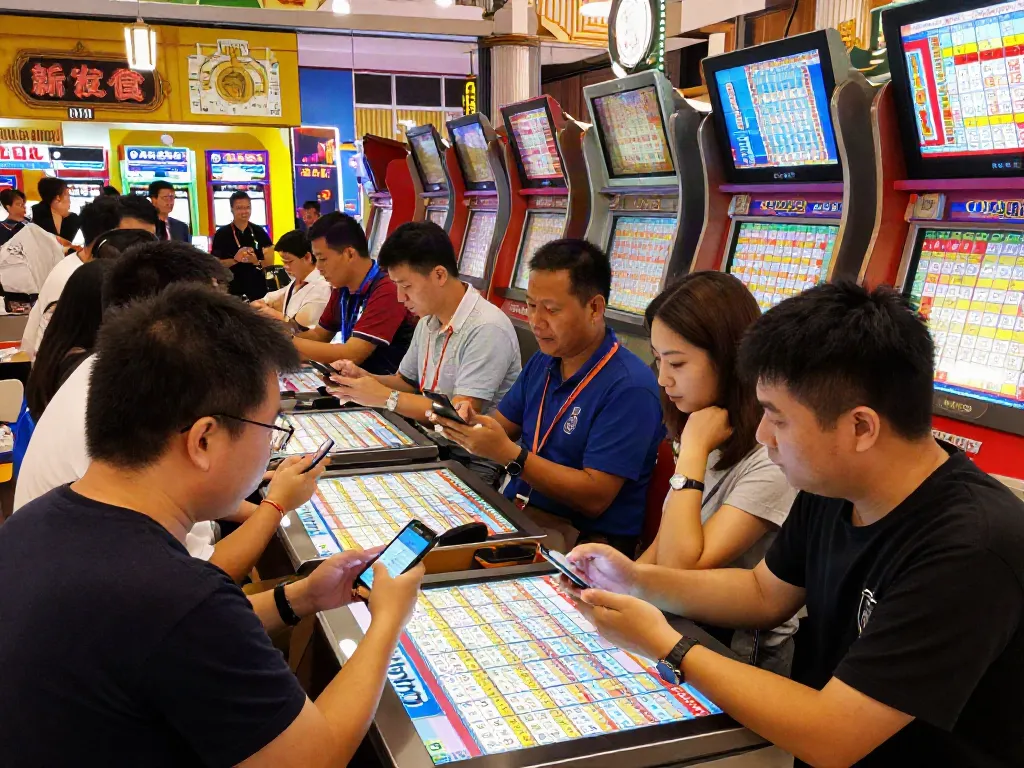 Bandar Toto Macau yang ramai dengan pemain antusias memeriksa hasil lotere terbaru dan berinteraksi dengan staf.