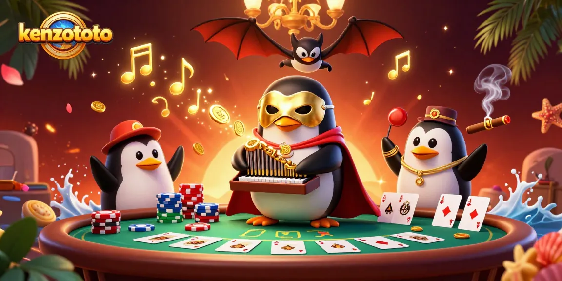 Kenzototo menawarkan pengalaman bermain game online yang menyenangkan dengan penguin bermain organ, menyebarkan koin emas di atmosfer kasino.