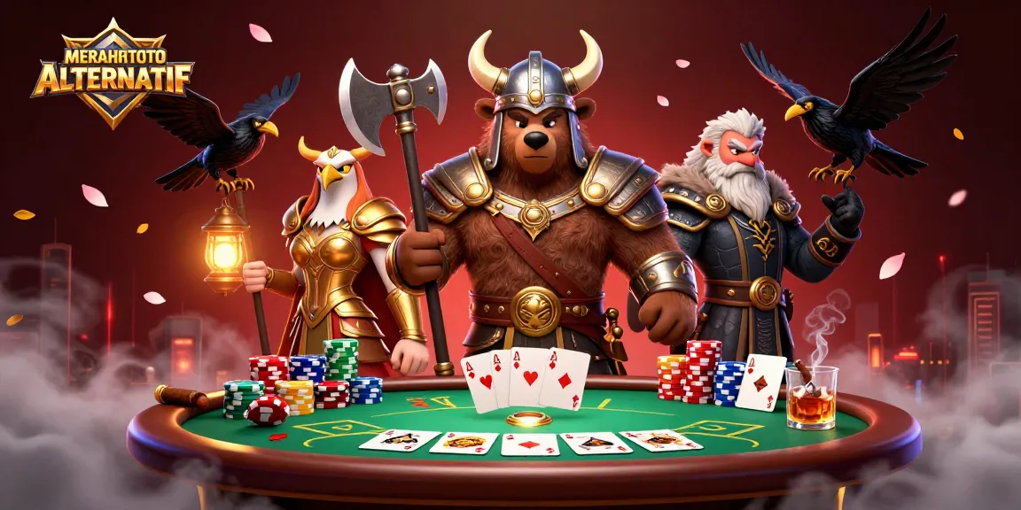 MERIAHTOTO ALTERNATIF memperlihatkan beruang Viking bertarung di tabel poker dengan suasana mengagumkan.
