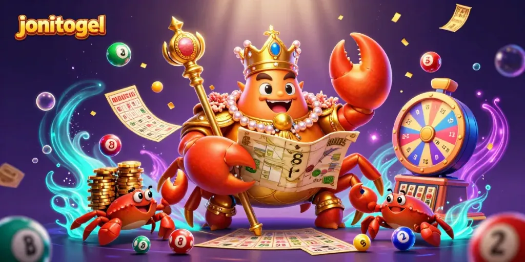 Spin the winning lottery numbers with Jonitogel in an immersive 3D casino adventure scene.