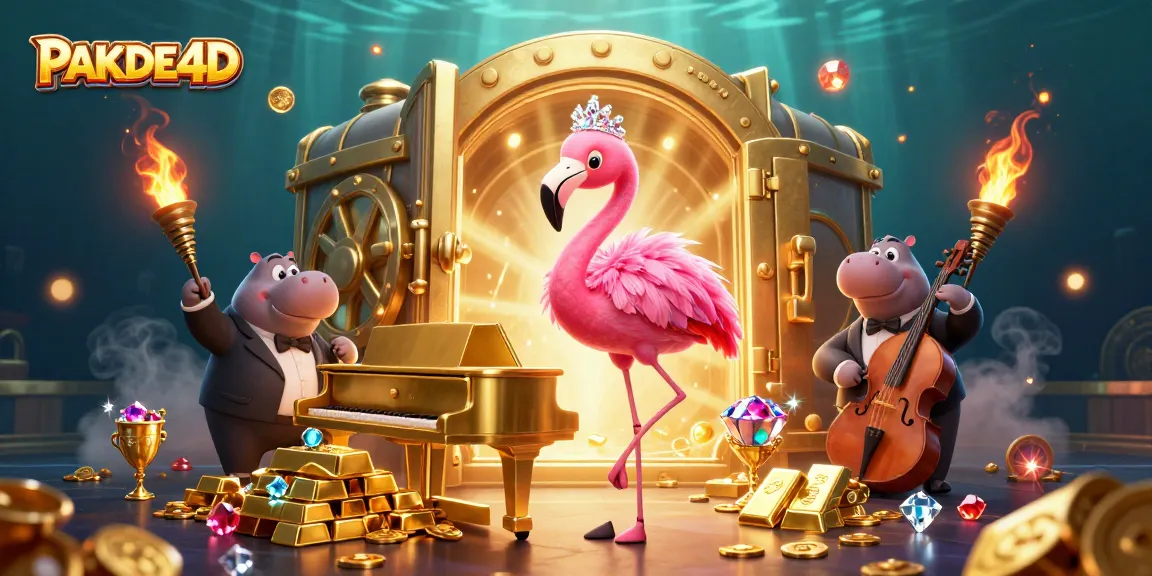 Experience the excitement of PAKDE4D with vibrant casino characters and dazzling treasures in this dynamic illustration.