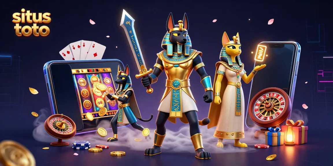 Situs toto illustration featuring Anubis and Bastet with glowing hieroglyphs amid vibrant casino elements
