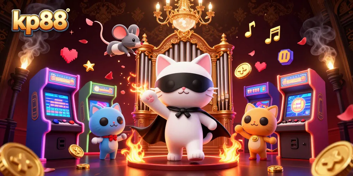Experience thrilling action at kp88 with a charming phantom cat and arcade pieces in a vibrant casino scene.