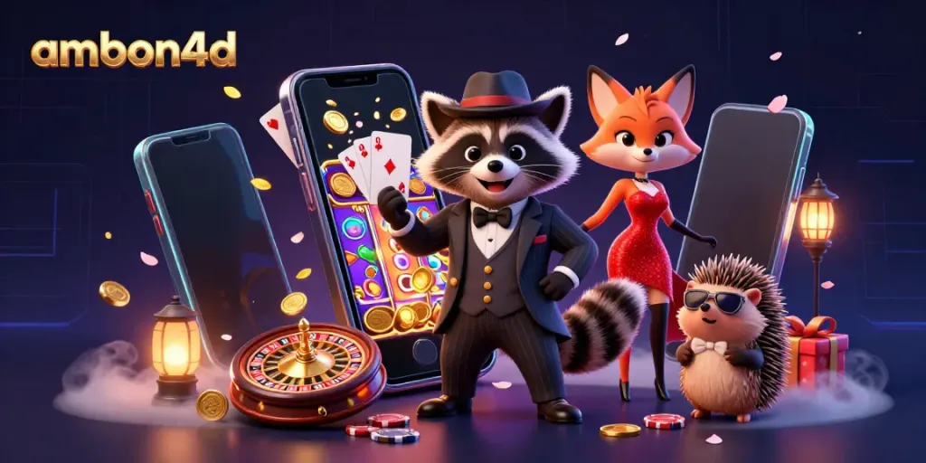 Experience thrilling gaming action with ambon4d as cartoon characters celebrate winning at a vibrant online casino.