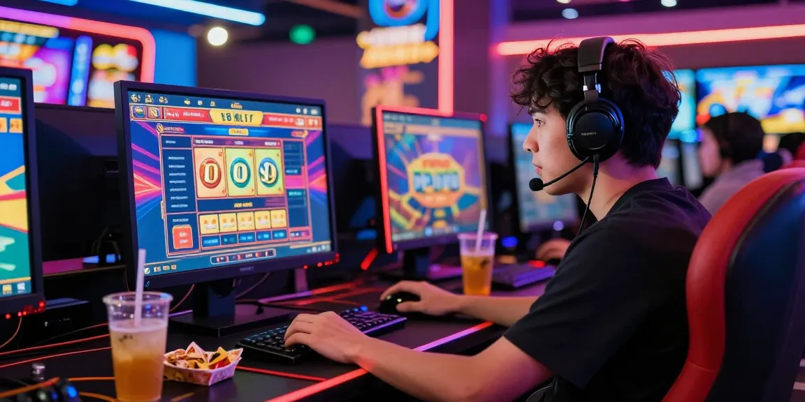 Player excitedly exploring situs slot games in a vibrant gaming corner