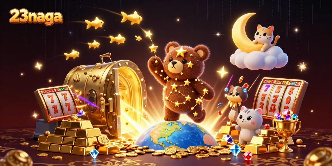 23naga menangani slot jackpot dengan bintang emas dan kucing bulan di awan.