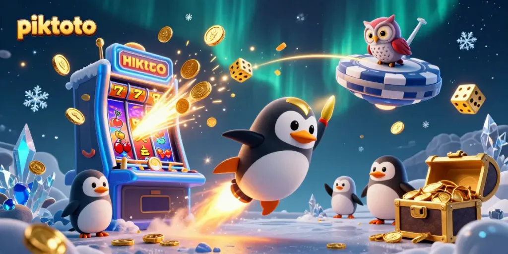 Piktoto showcases a thrilling casino adventure with a golden penguin and vibrant slot elements.