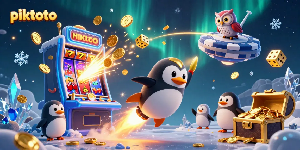 Piktoto showcases a thrilling casino adventure with a golden penguin and vibrant slot elements.
