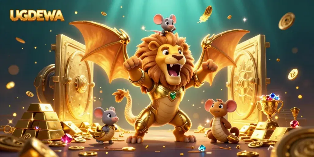 Play lottery with UGDEWA as a majestic chimera creature reveals treasure against a magical background.