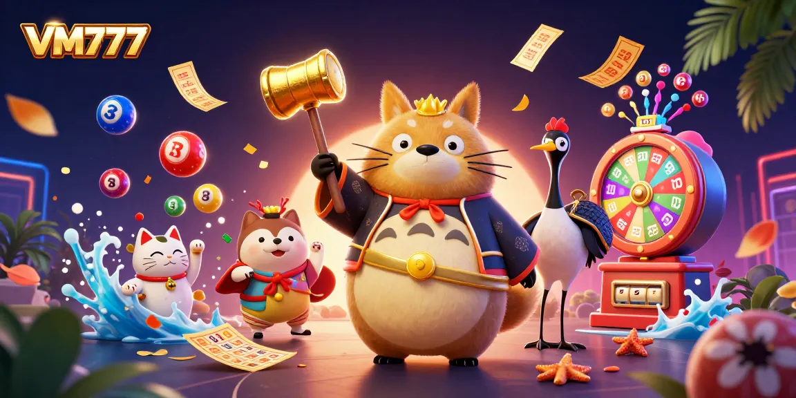 Engage with VM777's thrilling gaming experience featuring vibrant casino elements and cheerful characters.