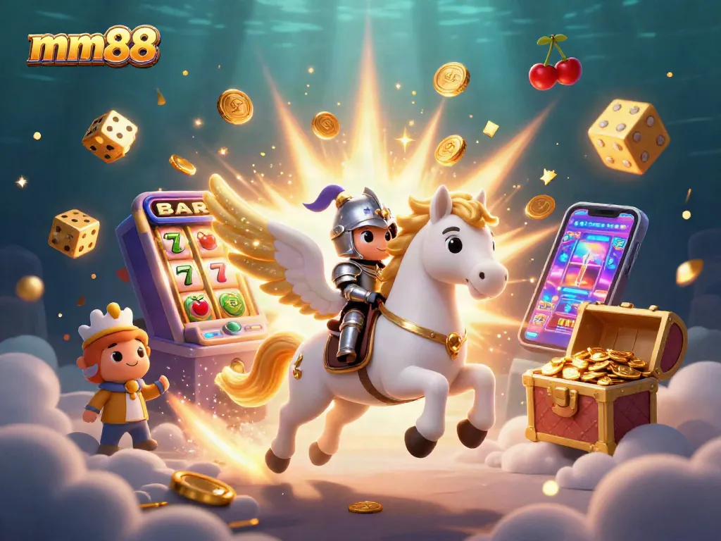 Experience thrilling jackpots with mm88 on a majestic celestial horse and dynamic casino elements.