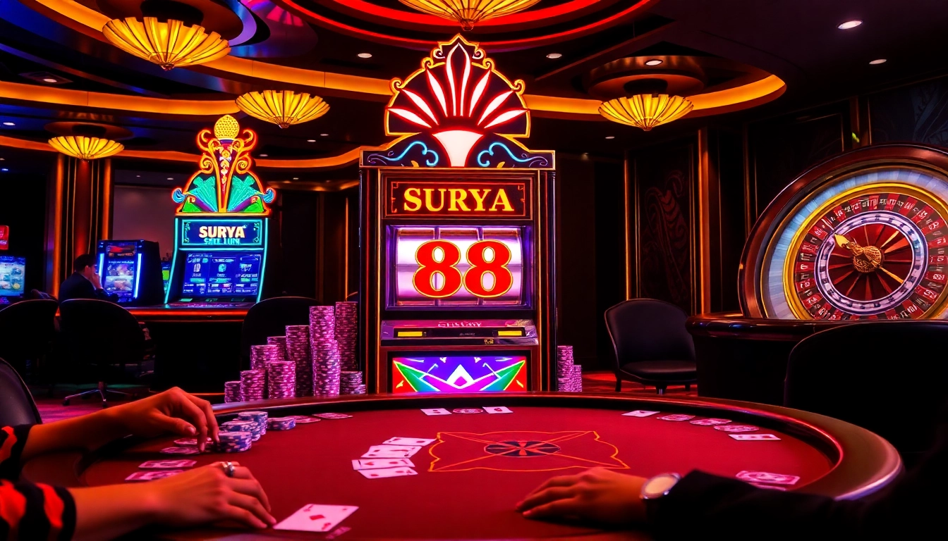 Spin the reels on SURYA 88 slot machine amidst colorful casino excitement.