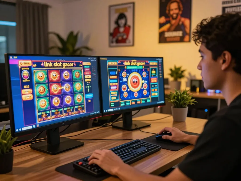 Player engaging with link slot gacor on dual monitors during online gaming session