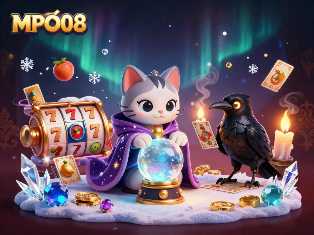 Spin and win with MPO08's vibrant slots and fortune telling themes in a rich illustration.