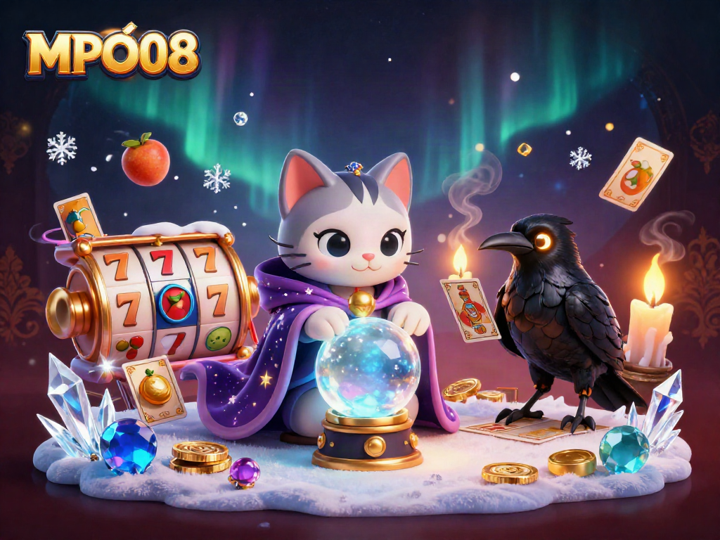 Spin and win with MPO08's vibrant slots and fortune telling themes in a rich illustration.
