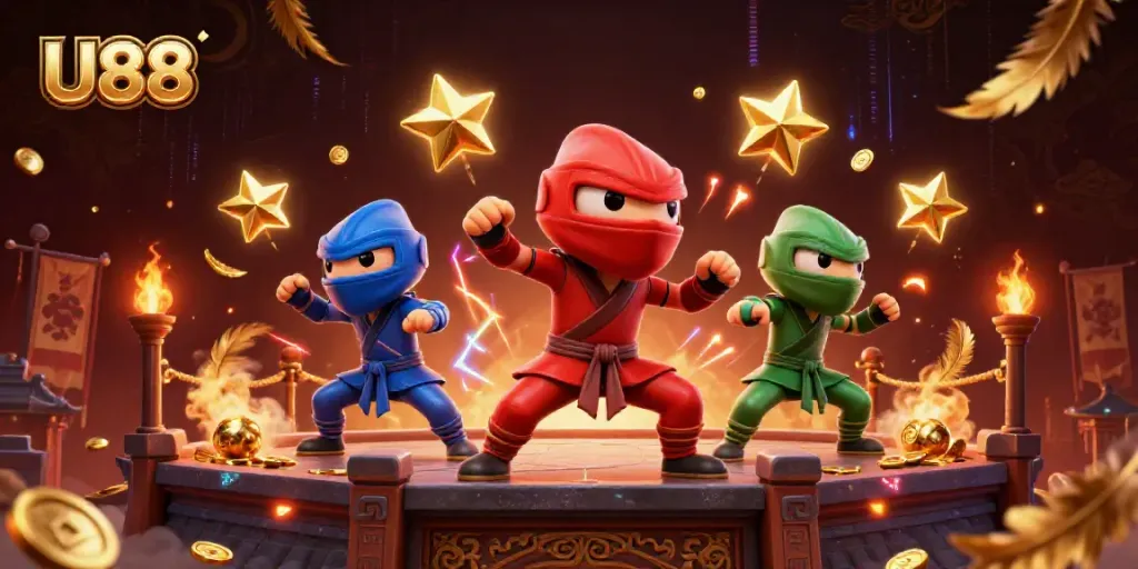 U88 chameleon team showcasing martial arts on a rooftop amidst dynamic casino elements