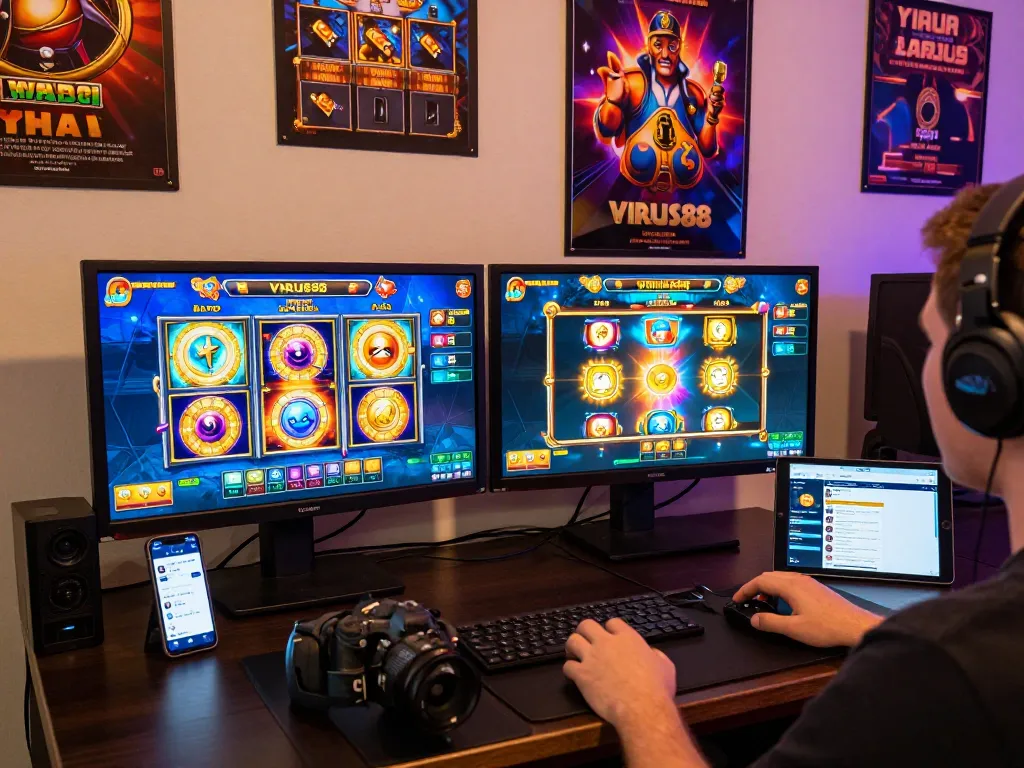 Pemain menikmati permainan slot VIRUS88 di dua layar dengan grafik berwarna-warni dan suasana yang menarik.