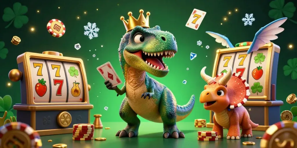 NAGAHOKI303 presents a vibrant casino scene with a T-Rex shuffling cards, showcasing exciting slot elements and colorful decorations.