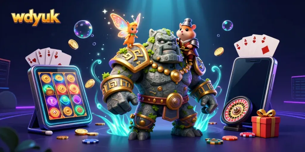 Experience vibrant gaming action with wdyuk as a 3D stone golem, fairy, and hamster knight unite in a dazzling casino scene.