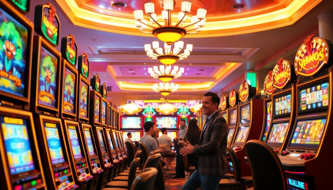 Feel the thrill of slot demo gaming as players celebrate wins at vibrant casino machines.