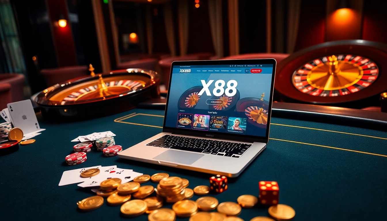 Experience thrilling gambling action with XX88's vibrant casino scene featuring poker chips and roulette.