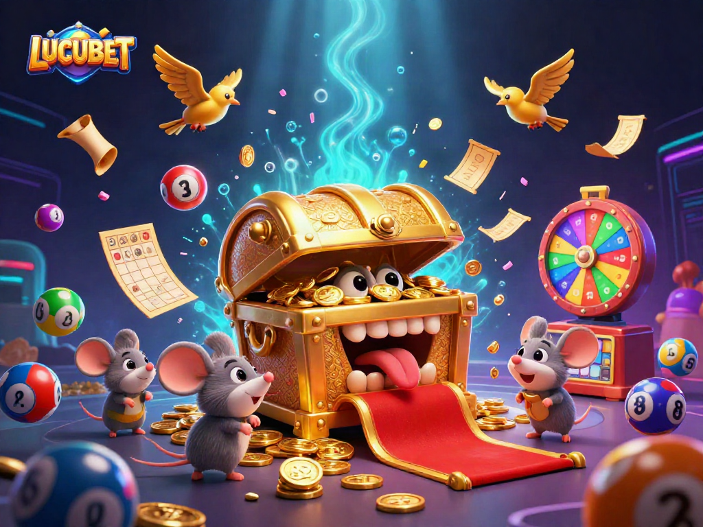 LUCUBET showcases a vibrant 3D illustration featuring a treasure chest and dynamic game elements, attracting players for a thrilling experience.