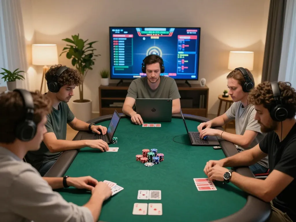 Pemain terlibat dalam sesi poker daring yang intens di rumah dengan masing-masing menggunakan laptop mereka, menampilkan permainan strategis dengan kata kunci OKESLOT di awal deskripsi.