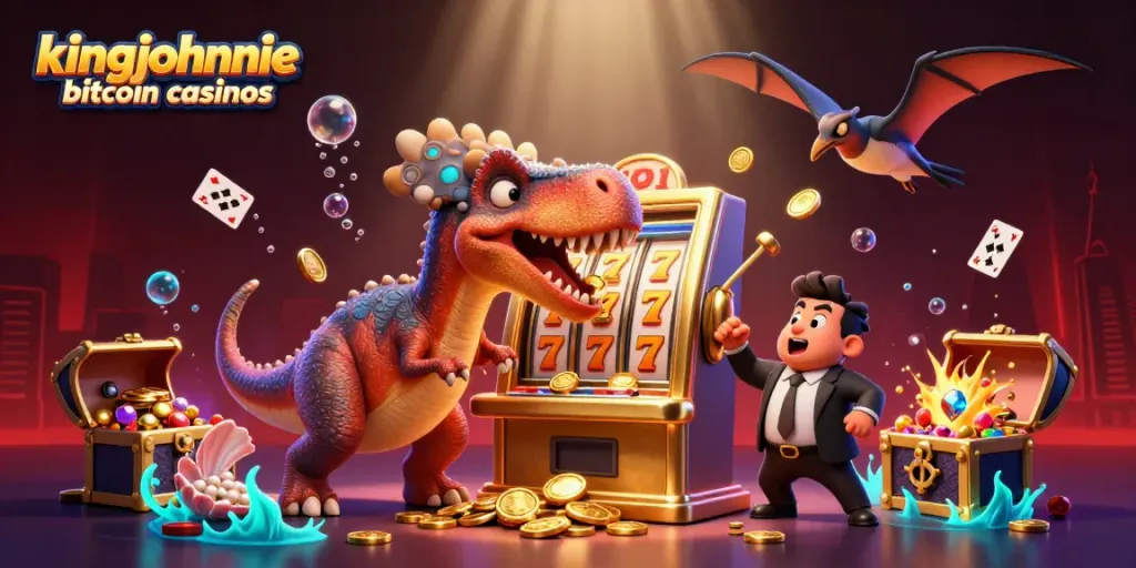 Catch jackpot coins in kingjohnnie bitcoin casinos with a pachycephalosaurus, relaxing on colorful gems.